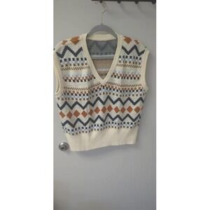 Womens Geometric Pattern V‎ Neck Sweater Vest Cream Blue Orange Size M
